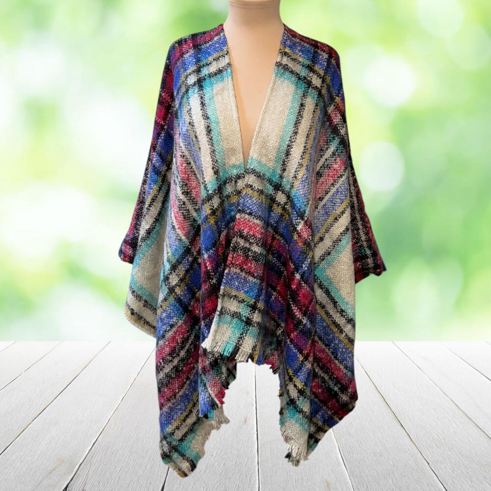 TALBOTS Plaid Ruana Wrap Shawl Blanket Weave Fringe Multicolor 28x52 One Size
